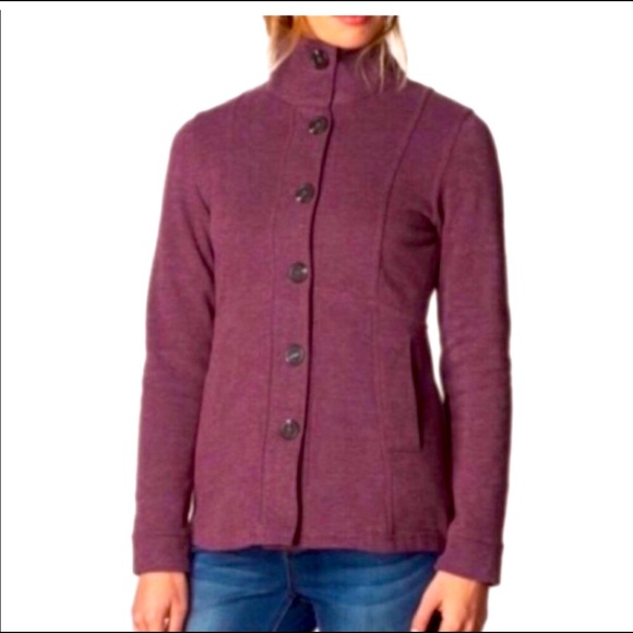 prAna Catrina organic cotton fleece jacket size Large peacoat purple burgundy - Picture 1 of 14